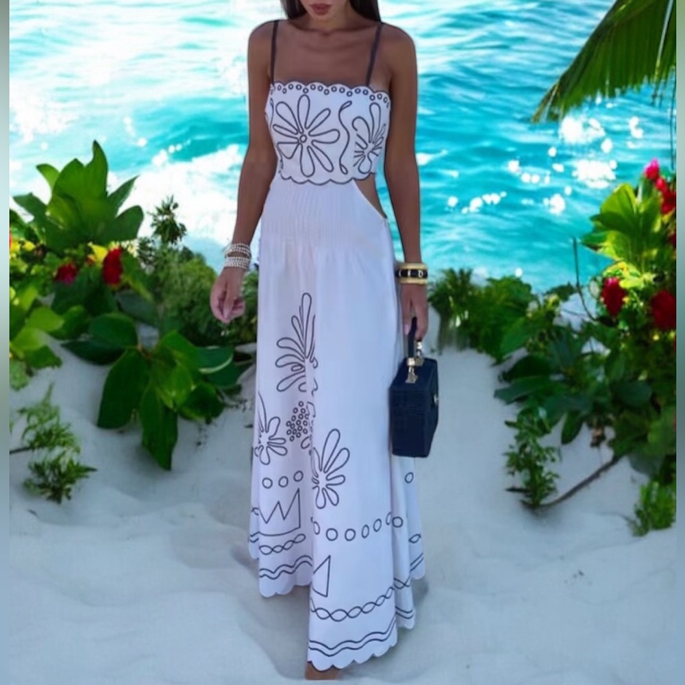 Scalloped Edge Embroidered Maxi Dress